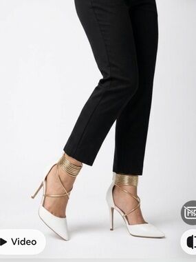 Women's White Pointed-Toe Heels with Gold Ankle Wrap